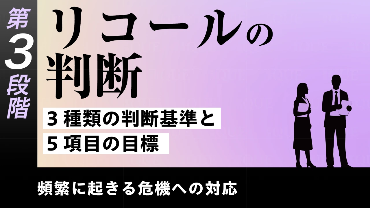 
<span>【第17回】第3段階【即戦力の習得】頻繁に起きる危機への対応　リコールの判断――3種類の判断基準と5項目の目標</span>
