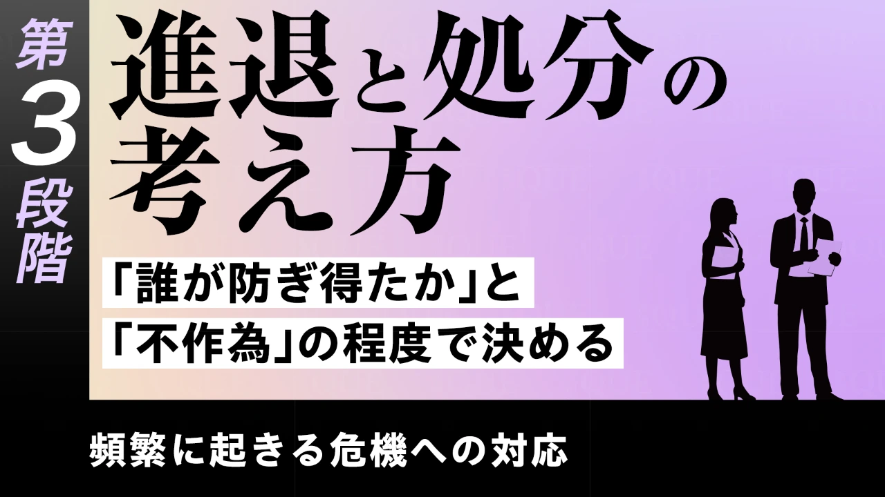 
<span>【第20回】第3段階【即戦力の習得】頻繁に起きる危機への対応　進退と処分の考え方――「誰が防ぎ得たか」と「不作為」の程度で決める</span>

