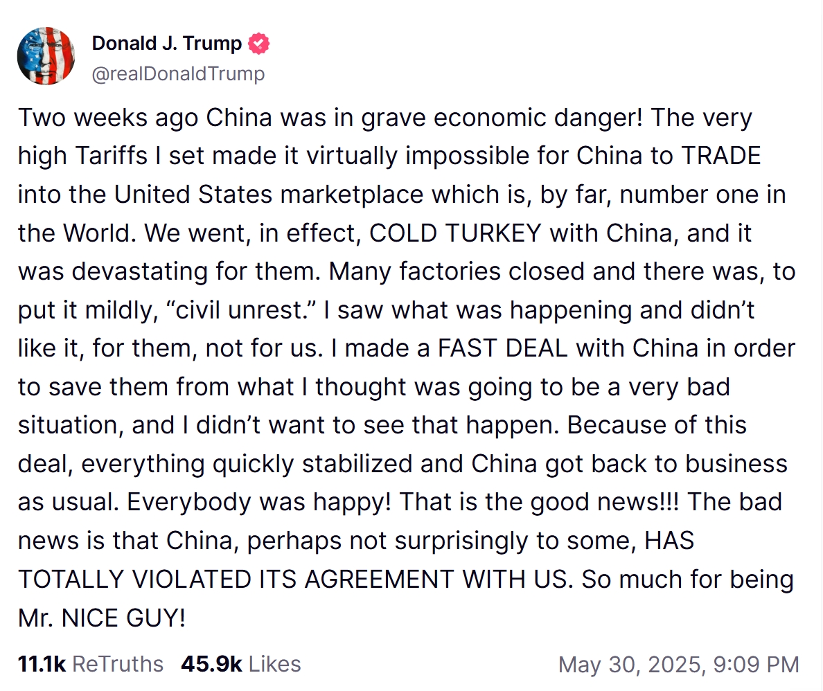 
<span>トランプ大統領の発言とアクション（5月28日～6月5日）：米中首脳電話会談で融和モード演出、マスク氏とのバトルは「プロレス」？ </span>
